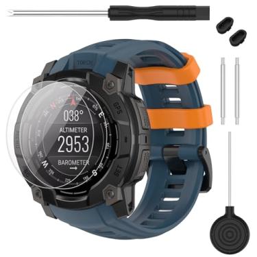 Imagem de TopPerfekt Pulseira compatível com Garmin Instinct 3, pulseira de silicone macio de substituição de 26 mm de largura e 2 protetores de tela para relógio inteligente Instinct 3 de 50 mm para mulheres e