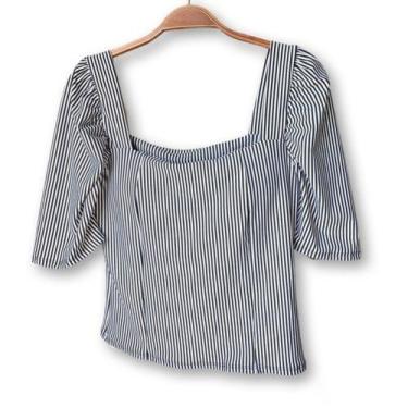 Imagem de Blusa Cropped listrado pluss size manga bufante decote reto moda femin