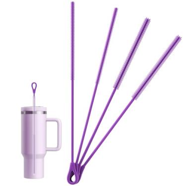 Imagem de Escova de limpeza de palha de silicone - 4 peças de escova de canudo para garrafa de água, tubos de copo com bico, canudos de vidro, reutilizáveis, dobráveis e laváveis na lava-louças, roxo