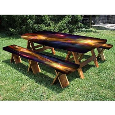 Imagem de Toalha de mesa ajustada para céu estrelado, conjunto de 3 peças, tema cósmico estrelado, conjunto de 3 peças, perfeita para festas ao ar livre, 71 x 182 cm