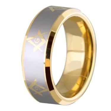 Imagem de CLOUD DANCER Anel masculino clássico de carboneto de tungstênio chanfrado em tom dourado inverso 8 vezes bússola maçônica quadrada sem pedreiro gravação personalizada, Metal