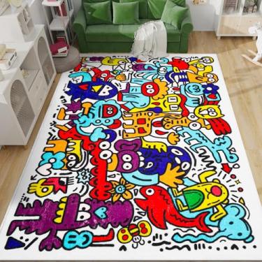 Imagem de AKASISRUG Tapete infantil de grafite macio aconchegante caxemira sintética colorido 199.9 cm x 149.9 cm tapete de brincar infantil design de desenho animado seguro e ecológico, perfeito para quarto