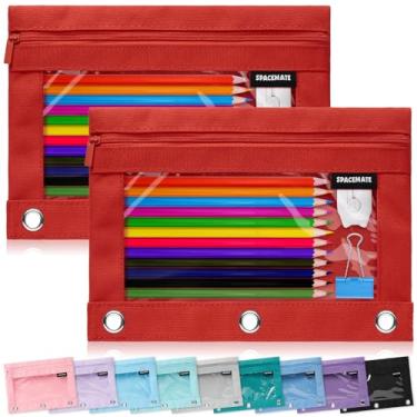 Imagem de SPACEMATE Pacote com 2 estojos para fichário, estojo para fichário com 3 anéis, material escolar, meninas, meninos, crianças, transparente, organizador de canetas estéticas, grande, artigos de