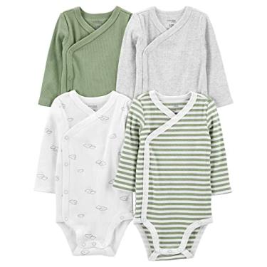 Imagem de Simple Joys by Carter's Pacote com 4 bodies unissex com botões laterais, Listras verde-jade/cinza claro/oliva/nuvens brancas, 18 Meses