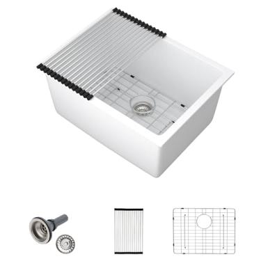 Imagem de Pia de cozinha composta de granito de 61 cm, branca, pia de lavanderia de 30,5 cm de profundidade, tigela única, pedra de quartzo, boa aparência, estilo fazenda
