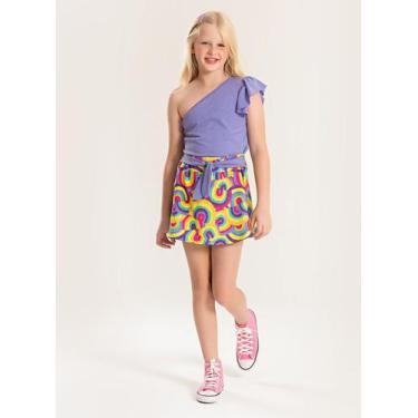 Imagem de Conjunto Verão Menina Roxo Cropped um Ombro e Shorts Saia com Faixa - 