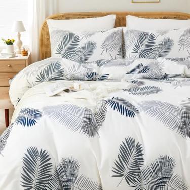 Imagem de Cozaline Conjunto de capa de edredom 100% algodão Queen – Conjunto de cama com estampa de folha botânica branca, 3 peças, capa de edredom macia e respirável com fecho de zíper e laços de canto