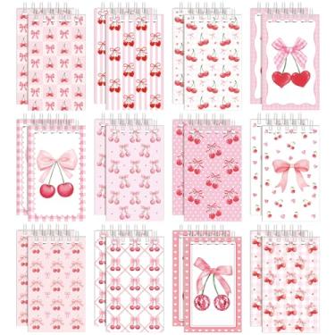 Imagem de Resurhang 24 peças de mini caderno com laço cereja coquete pequeno espiral bloco de notas rosa cereja bolso caderno de notas para meninas mulheres rosa coquete lembrancinhas de festa arco escritório