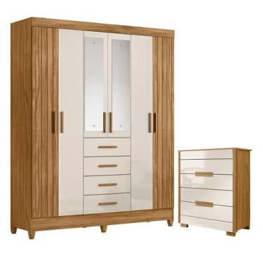 Imagem de Guarda Roupa Solteiro Aruba com Espelho e Cômoda Dhara Freijó Off Whit