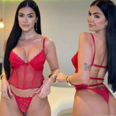 Imagem de Lingerie Cropped Tule Calcinha Fio Com Regulagem Sensual Sexy Transpar