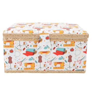 Imagem de QANYEGN Cesta de costura, kit de cesta de costura vintage de grande capacidade, caixa de armazenamento de costura com bandeja plástica destacável para agulhas, fio, fita adesiva de