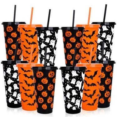Imagem de Whaline 12 peças de copo de plástico de Halloween com tampas, canudos, abóbora, morcegos, fantasma, copos reutilizáveis, 680 g, preto, laranja, caneca de viagem, copos para café gelado, bebidas