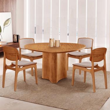 Imagem de Mesa Selene Tampo 135cm Laminado com 4 cadeiras Malta Moderna Mobília - Brisa/ Imbuia Nat.