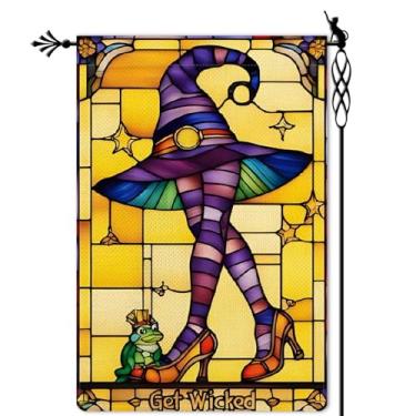 Imagem de Jauageon Get Wicked Garden Flag Witch Hat Holiday Garden Flag The Frog Prince Vitral Estilo Vertical Dupla Face Rústico Terra Agrícola Serapilheira Jardim Gramado Decoração Externa 31,8 x 45,7 cm