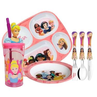 Imagem de Yangzi - Jogo Refeição Infantil Princesas Disney 6 Peças Prato Divisória, Prato Fundo, Copo e Talheres - Tuut