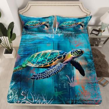 Imagem de Jogo de lençol solteiro para crianças, animais marinhos náuticos, coral submarino, azul tartaruga, réptil, decoração de quarto