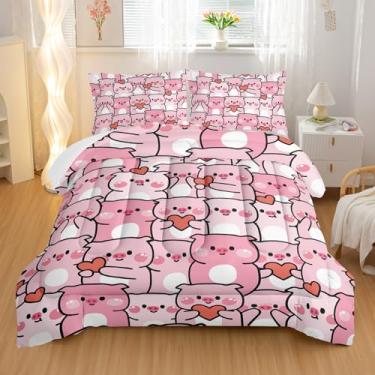 Imagem de Conjunto de edredom de porco rosa, kawaii, rosa, animais fofos, para decoração de quarto de crianças, meninos, meninas, adolescentes, animais kawaii, casa de fazenda, tema de vida selvagem, decoração