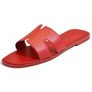 Imagem de Sandálias rasteiras femininas, chinelos de couro femininos, sapatos confortáveis e elegantes deslizantes elegantes verão outono primavera bonito bico aberto calçado casual, Vermelho, 37