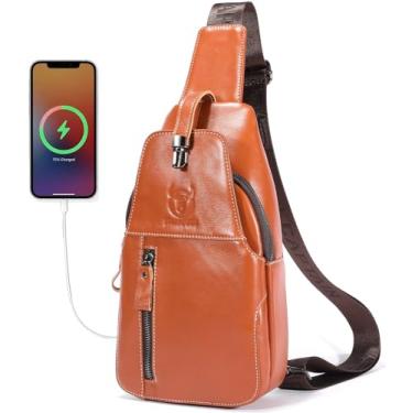 Imagem de BULLCAPTAIN Bolsa Transversal De Couro Legítimo Masculina, Tiracolo Com Porta Carregamento Usb, Mochila Viagem (Bege)