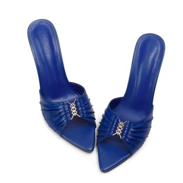Imagem de iiimmu Sandálias de salto alto stiletto mules de 8,5 cm com bico fino e salto alto de couro sintético, Azul royal, 38