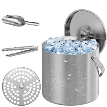Imagem de LHD HOME Baldes de gelo para festas 3L isolado balde de gelo com tampa, colher de gelo e coador para bar de coquetel, parede dupla de aço inoxidável, portátil, mantém o gelo frio e seco para bar