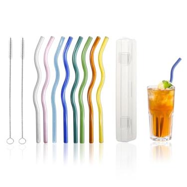 Imagem de 8 PÇS Canudos de Vidro Ondulados Coloridos, Canudos Reutilizáveis com 2 Escovas de Limpeza e 1 Caixa de Armazenamento, Canudo de Vidro de Borossilicato Alto para Coquetel de Suco, Bebidas Frias ou
