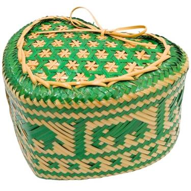 Imagem de Cesta de servir arroz pegajoso de bambu 15 x 13 cm, Kratip, recipiente intrincadamente tecido, em forma de coração, padrão de trama de elefante, azul, tailândia feito à mão (verde A)