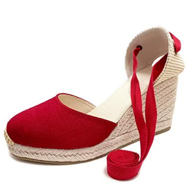 Imagem de U-lite Sandália feminina espadrille rasteira fechada no tornozelo, cadarço clássico verão elegante sapatos rasos, Tela vermelha - 7,62 cm (3"), 38
