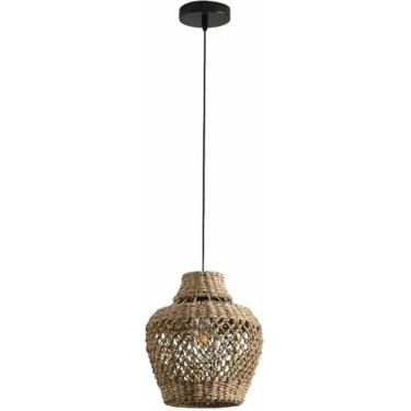 Imagem de WLHAZMWY Luminária pendente boho costeira luminária pendente alga marinha tecido rattan lâmpada suspensa rústica casa de fazenda ajustável