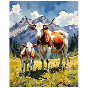 Imagem de Kit de pintura de animais de fazenda por números para adultos - Vacas DIY em prado alpino com pintura em tela 40,6 x 50 cm, conjunto de tinta acrílica, adequado para iniciantes, arte para decoração de