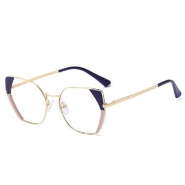 Imagem de HCHES Armação de óculos retrô polígono feminina, moderna, dupla cor, dobradiça de mola, masculina, transparente (roxo-rosa)