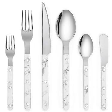 Imagem de PINKRELLA Conjunto de talheres de talheres de aço inoxidável de 6 peças - cabo colorido com rebite/estilo retrô - inclui faca de jantar; garfo de jantar; garfo de salada; colher de sopa; colher de chá