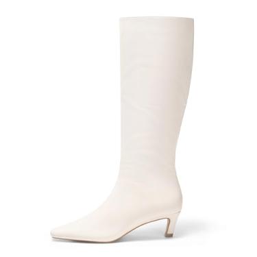 Imagem de Coutgo Botas de cano alto femininas bico quadrado salto gatinho botas altas com zíper lateral elegante sapatos de outono, Branco creme, 37