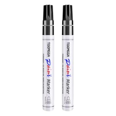 Imagem de Canetas de tinta preta marcadores permanentes – pacote com 2 canetas marcadoras à base de óleo, ponta média, secagem rápida e à prova d'água para pintura de rocha, pneu de carro, metal, plástico, tela