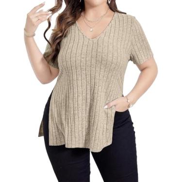 Imagem de Camisetas Femininas Com Nervuras Com Decote Em V Bainha Dividida Blusas De Manga Curta Leves De Malha Sólida Camiseta Básica Com Bainha Dividida, Khaki, 3XL