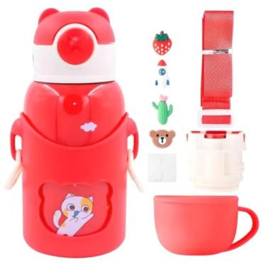 Imagem de Garrafa Termica Infantil 3 Tampas Bolsa C/Alça e Adesivo Aço Inox 500ml (Vermelho)