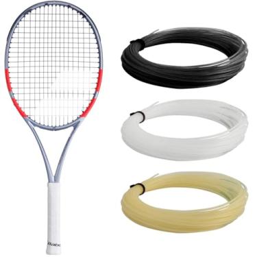 Imagem de Babolat Raquete de tênis Pure Strike 100 46x19 4ª geração, cinza carbono - amarrada com estripa branca de 16 g em tensão de faixa média (aderência de 11 cm)