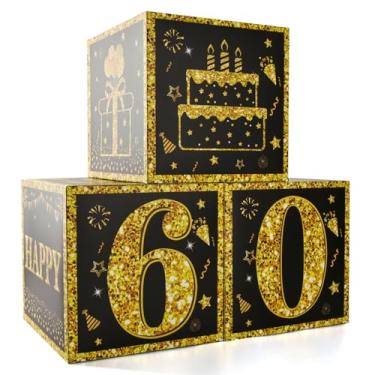 Imagem de 3 caixas de decoração de festa de 60 anos para homens ou meninos - caixas de balões de feliz aniversário de 60 anos de ouro preto, suprimentos de festa de 16 anos para homens e meninos