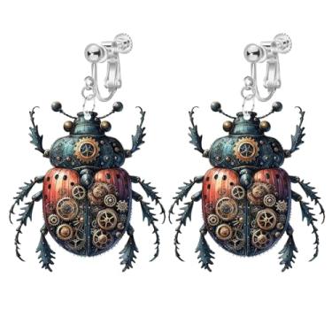 Imagem de Brincos pendentes de besouro com clipe para mulheres, não perfurados, padrão 2D exclusivo, brincos bonitos de acrílico joaninha da moda, Acrílico, Sem pedra preciosa