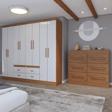 Imagem de Guarda-Roupa Casal Europa 8 Portas 4 Gavetas e Cômoda 6 Gavetas Cinamo