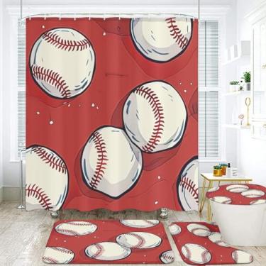 Imagem de Conjunto de banheiro com tema de beisebol, vermelho e branco, 4 peças com cortina de chuveiro 70,8 x 70,8 polegadas, tapete de banho, tapete de contorno, tampa de vaso sanitário, 12 ganchos, design de