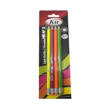 Imagem de Kit 04 Lápis de Escrever N°02 Preto com Corpo Colorido Neon e Borracha na Ponteira - Kit Escolar