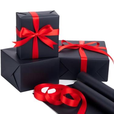 Imagem de Feifeiya Rolo de papel de embrulho de Natal, papel de presente Kraft preto, 2 rolos de 44 cm x 85 cm, com 1 rolo de 2,5 cm x 25 m de fita vermelha