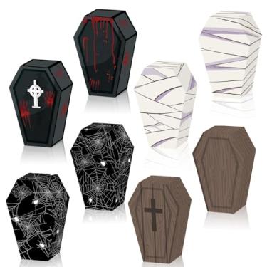 Imagem de 12 caixas de doces em formato de caixão de Halloween, teia de aranha preta, caveira, morcego, fantasma, caixa de presente assustadora, doces ou travessuras, para decoração de festa de aniversário de