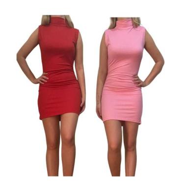 Imagem de KIT C/2 Vestidos Gola Alta Canelado - Emporio J, Vermelho, Rosa bb, Un