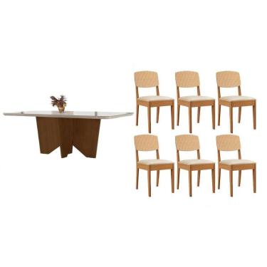 Imagem de Conjunto Sala de Jantar Nevada c/ Tampo Madeirado c/ Vidro Canto Curvo 180x90cm e 6 Cadeiras Havana Premium Naturale/Off White - Capuccino/Suede Creme