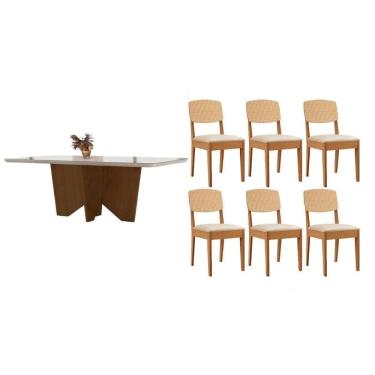 Imagem de Conjunto Sala de Jantar Nevada c/ Tampo Madeirado c/ Vidro Canto Curvo 180x90cm e 6 Cadeiras Havana Premium Naturale/Off White - Capuccino/Suede Creme