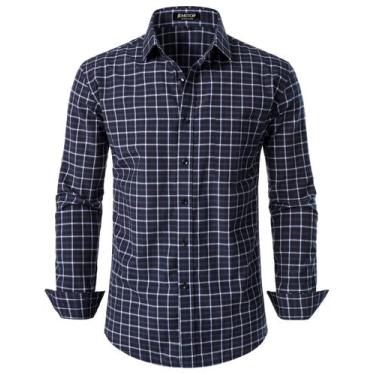 Imagem de Camisa masculina JEMITOP, manga comprida, modelagem justa, xadrez azul