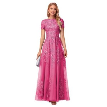 Imagem de Vestido Mãe da Noiva YOFF Lace Applique Fúcsia Long