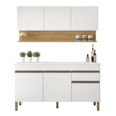 Imagem de Kit Armário de Cozinha e Balcão Completa 1,50m Line Branco / Madeirado